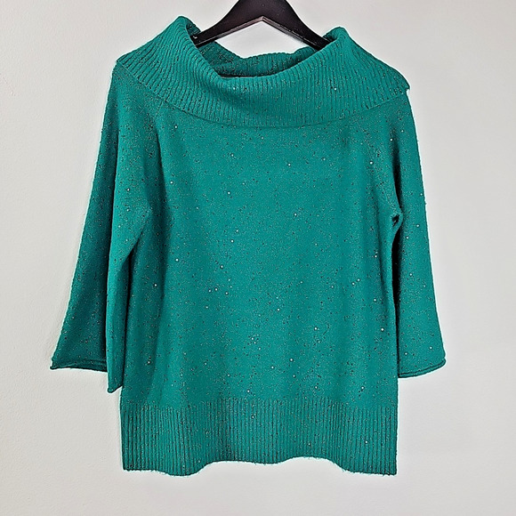 Cato Women’s Medium Sparkle Cowl Neck Sweater Teal Green 3/4 Sleeve Soft Knit - Picture 1 of 8